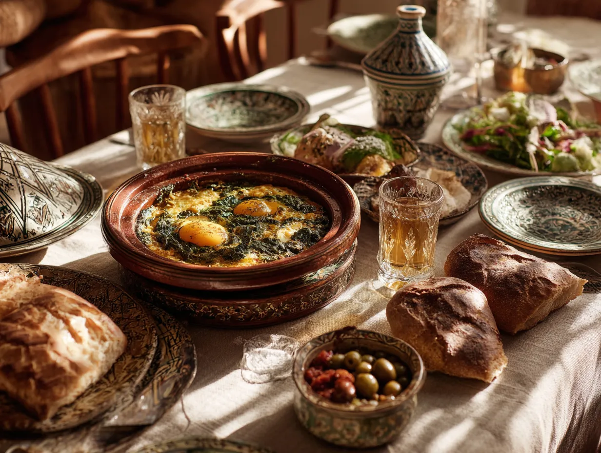 Comfort Food: Moroccan Spinach & Egg Tagine Magic 5 Moroccan spinach and egg tagine served on a traditional table with bread, mint tea, and side dishes like zaalouk and olives
