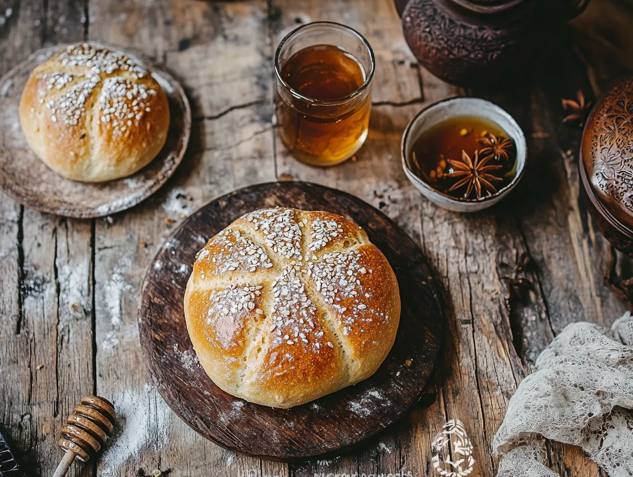 Moroccan Anise-Scented Bread: Irresistibly Delicious 3 Freshly baked Moroccan Anise-Scented Bread (Khobz Mkafer) served with mint tea and honey, styled on a rustic Moroccan table with a watermark reading "moroccaneats."