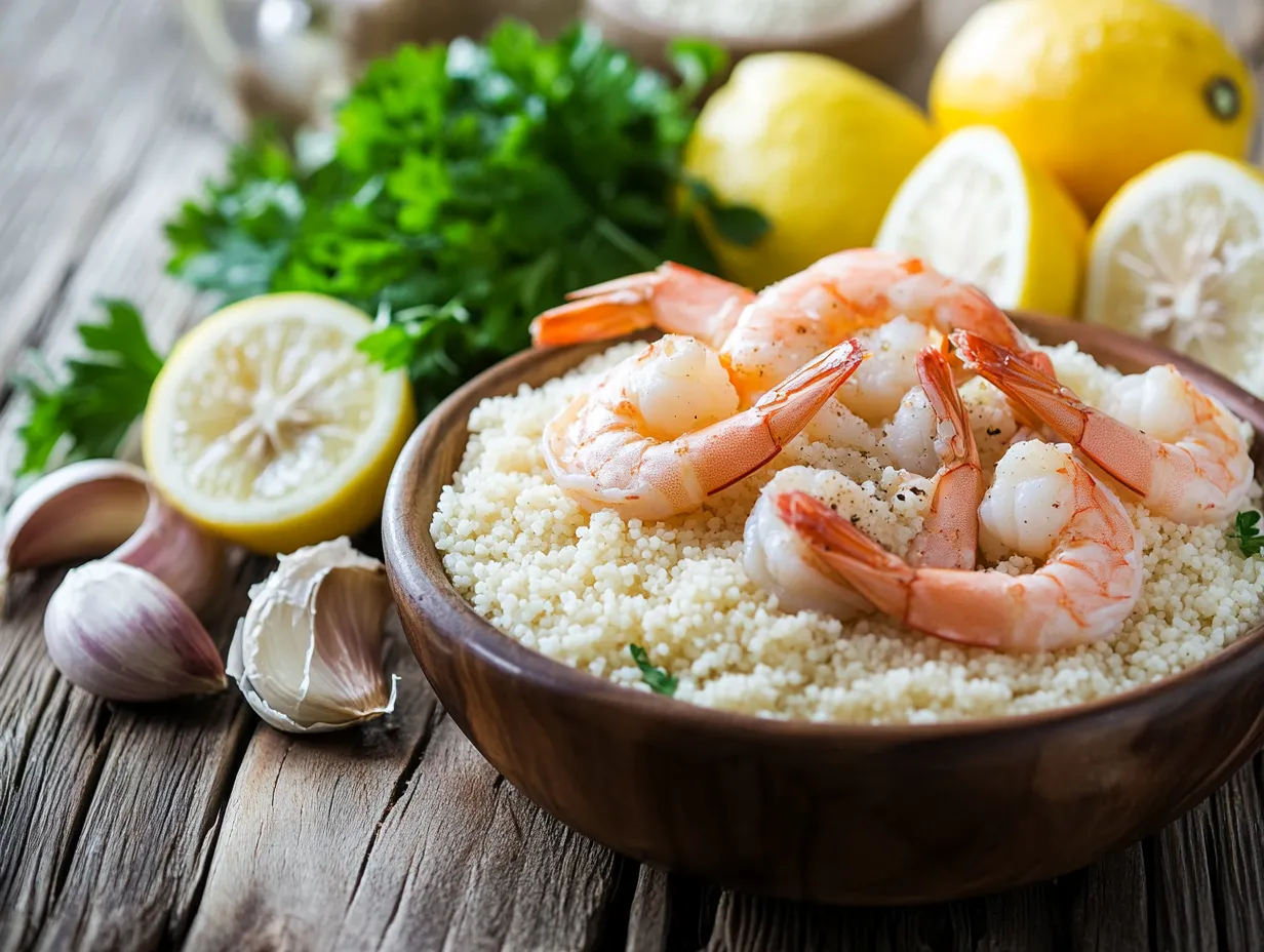 Couscous with Lemon-Garlic Shrimp Recipe: Amazingly Flavorful 3 Fresh shrimp, couscous, lemons, garlic, and parsley on a rustic wooden kitchen counter.