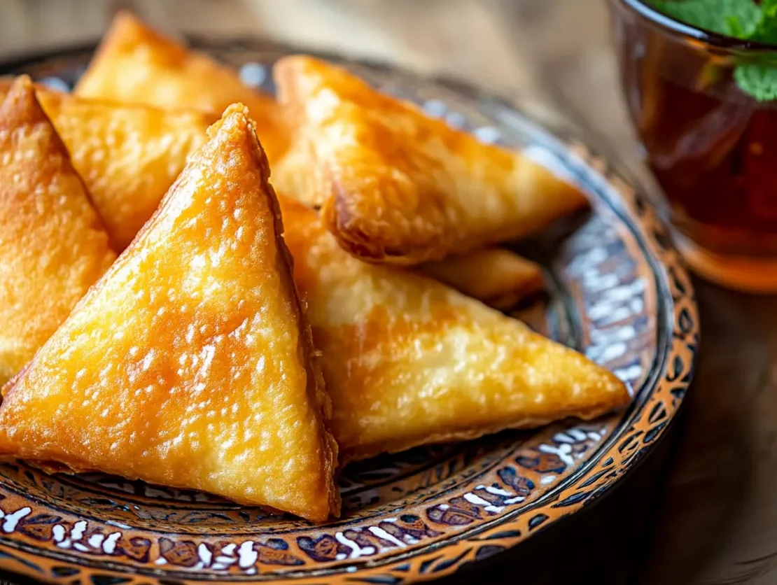 Moroccan Cheese Briouat Recipe: Irresistibly Delicious 2 Crispy Moroccan Cheese Briouats with mint tea on a traditional plate – moroccaneats watermark