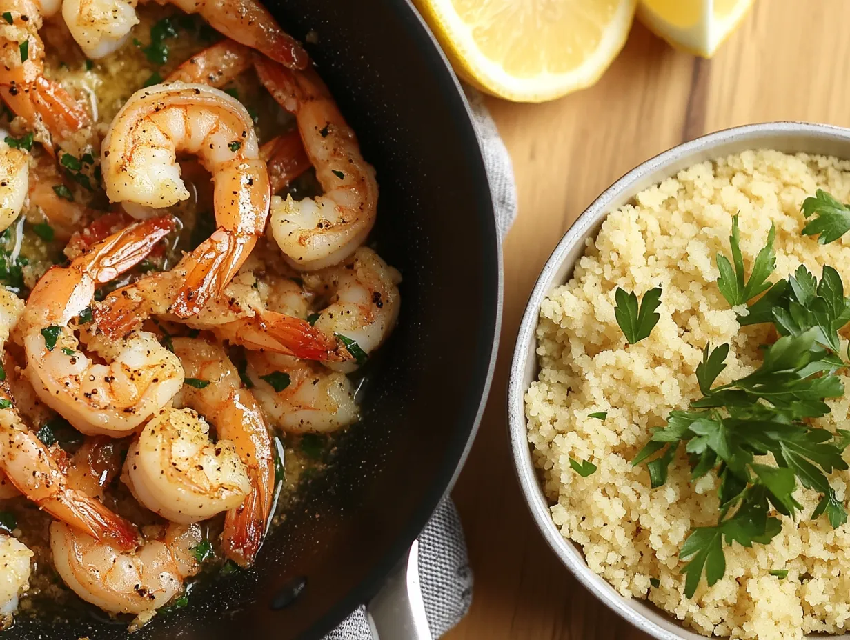 Couscous with Lemon-Garlic Shrimp Recipe: Amazingly Flavorful 4 Skillet with lemon-garlic shrimp cooking, and a bowl of fluffy couscous garnished with parsley and lemon wedges