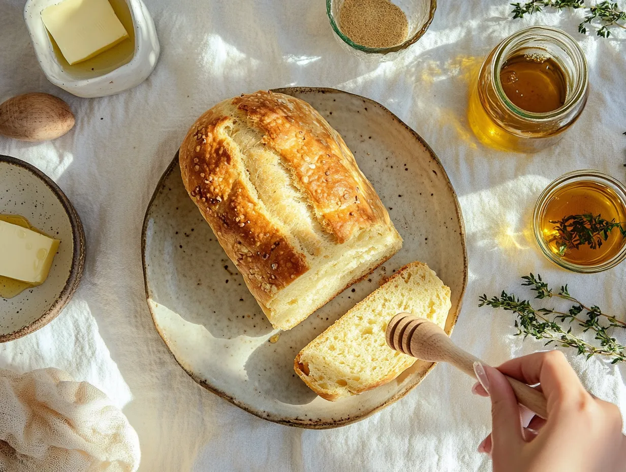 Moroccan Anise-Scented Bread: Irresistibly Delicious 6 A cozy Moroccan breakfast scene with sliced Khobz Mkafer bread, mint tea, honey, butter, and olive oil with herbs — traditional pairings beautifully arranged.