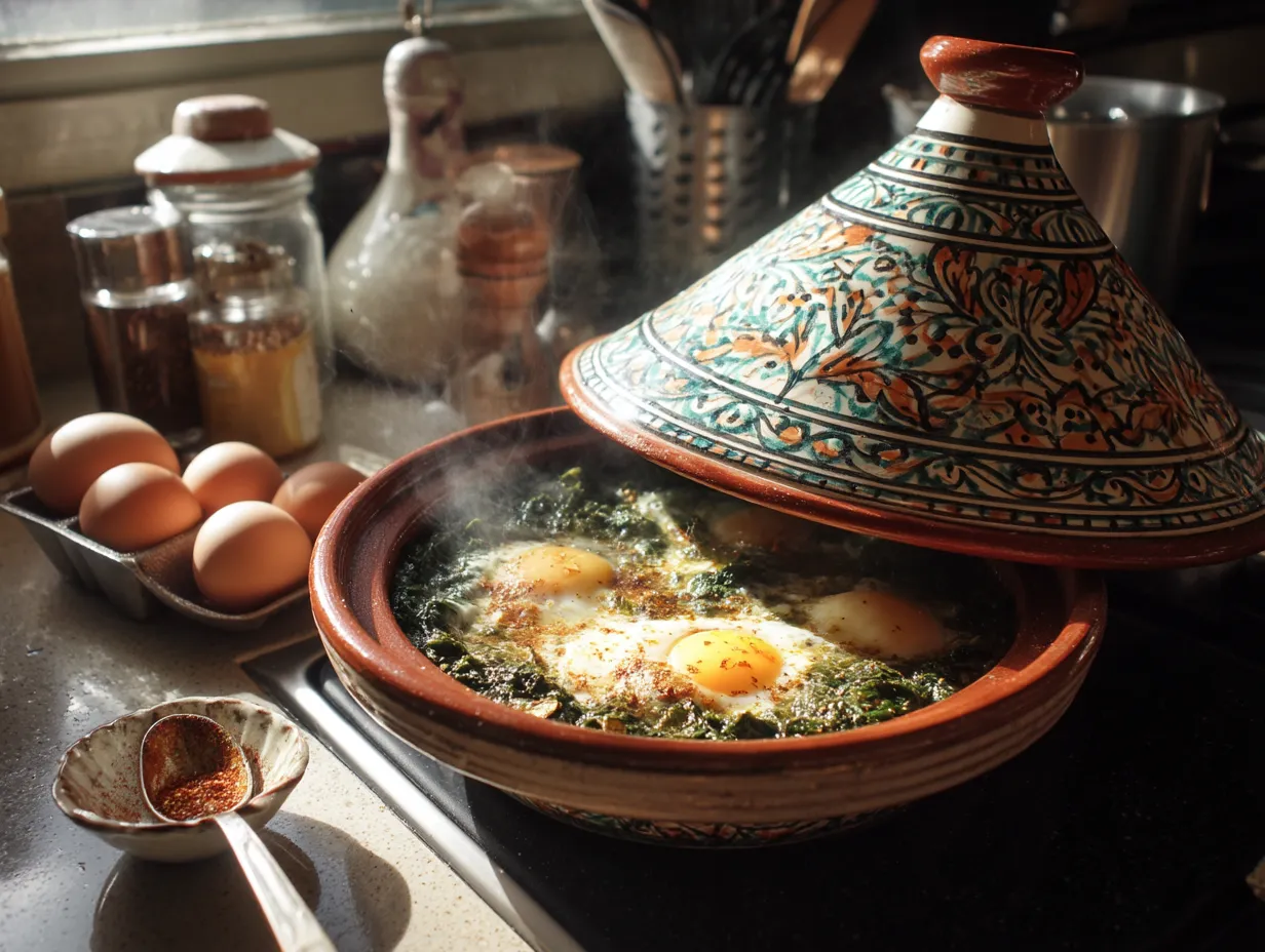 Comfort Food: Moroccan Spinach & Egg Tagine Magic 4 Moroccan spinach and egg tagine cooking on a stovetop in a traditional tagine pot with poached eggs visible in the center.