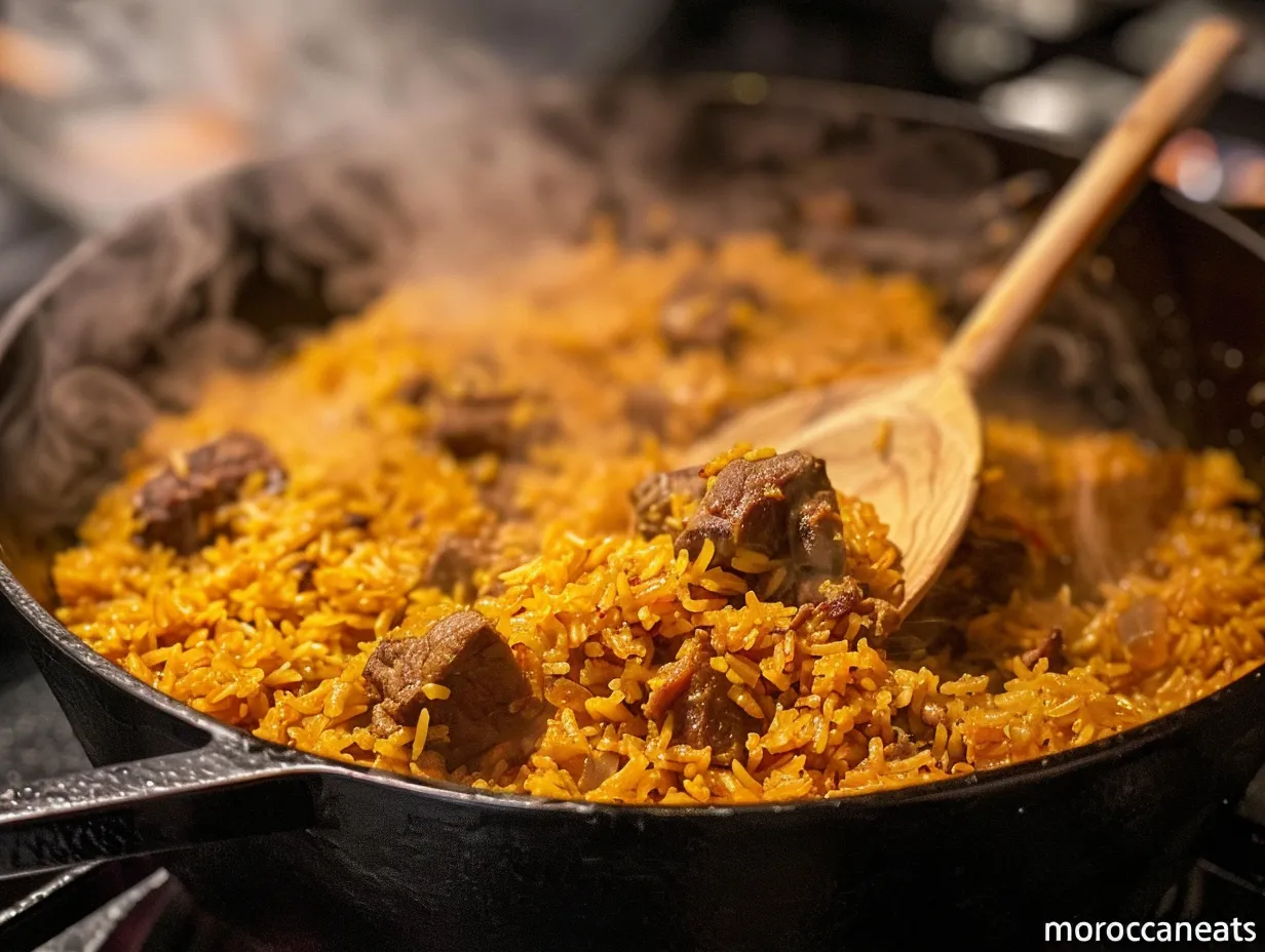 Moroccan Saffron Lamb Meat Pilaf Crave-Worthy & Authentic 4 Saffron lamb meat pilaf cooking in a pot with steam and spices – © moroccaneats