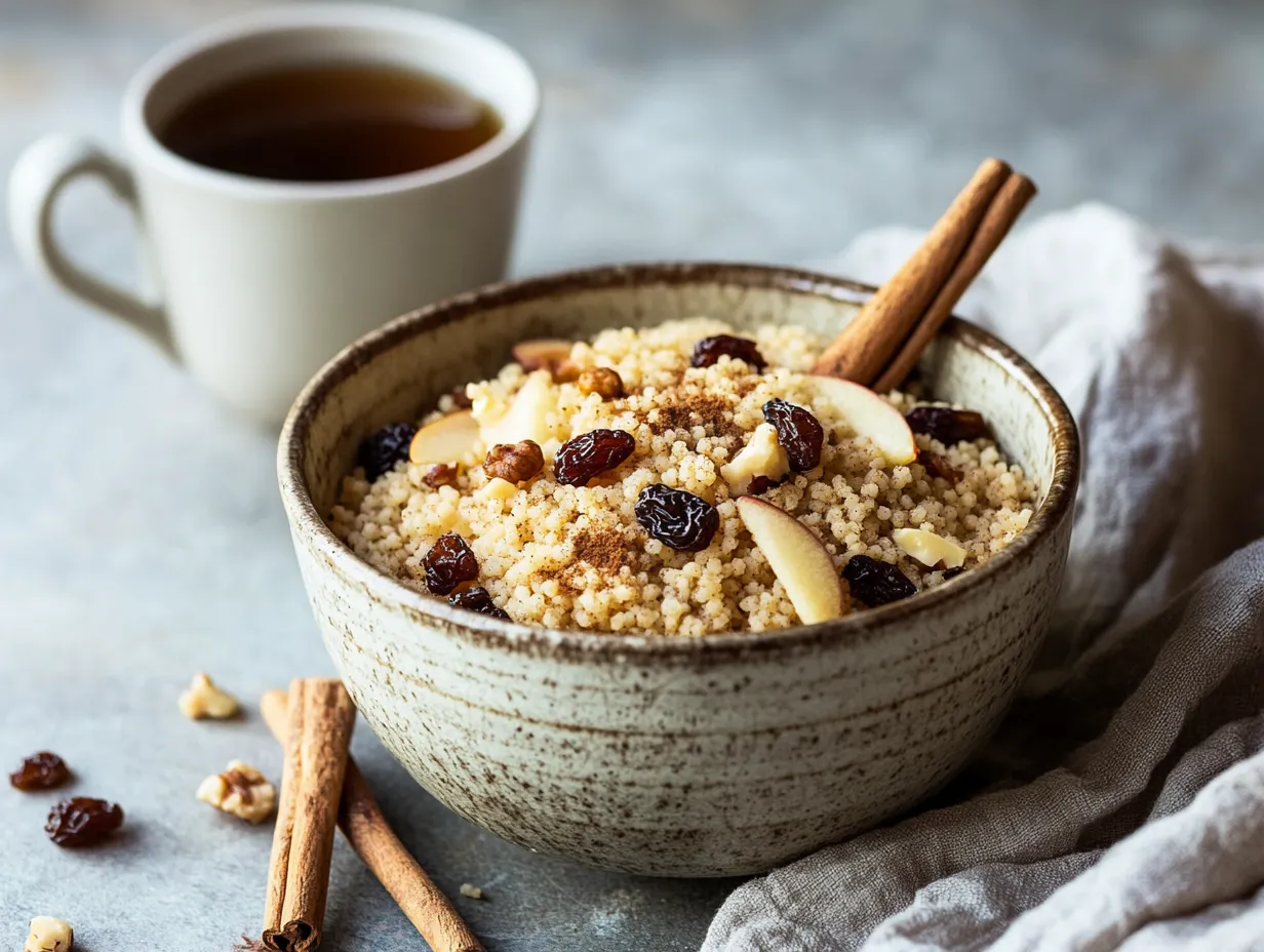 Sweet Couscous with Apples, Raisins & Pure Happiness 5 Healthy sweet couscous breakfast bowl with apples, raisins, and cinnamon.
