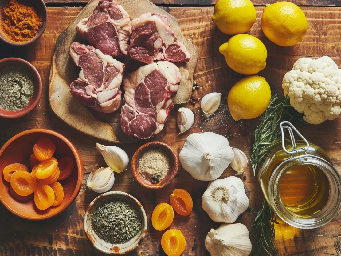 Lamb Tagine with Fried Cauliflower – Shockingly Good 3 Flat-lay of Moroccan lamb tagine ingredients including lamb, spices, cauliflower, and preserved lemons on a rustic table.