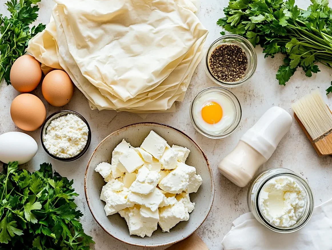 Moroccan Cheese Briouat Recipe: Irresistibly Delicious 3 Ingredients for Moroccan Cheese Briouats including phyllo dough, feta, herbs, and spices – moroccaneats watermark