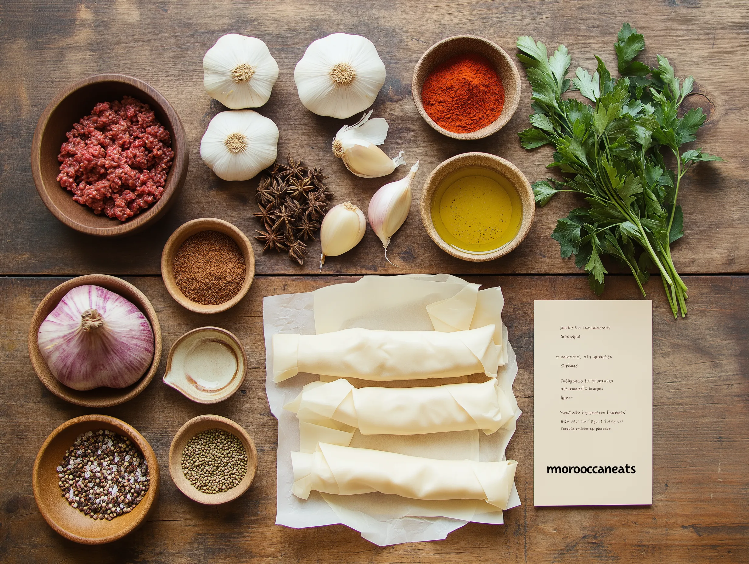 Moroccan Spiced Meat Cigars: Tempting Delight You Can’t Resist 3 Ingredients for Moroccan Spiced Meat Cigars – ground meat, spices, phyllo dough, herbs on a rustic table – moroccaneats