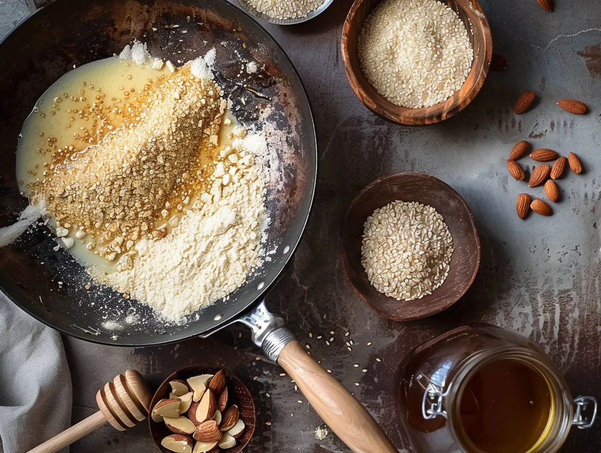 Sellou Delight: Uncover This almonds Joyful Moroccan Treat 4 Traditional Moroccan sellou preparation showing toasted flour, ground almonds, sesame seeds, and honey being mixed in a rustic kitchen setting.