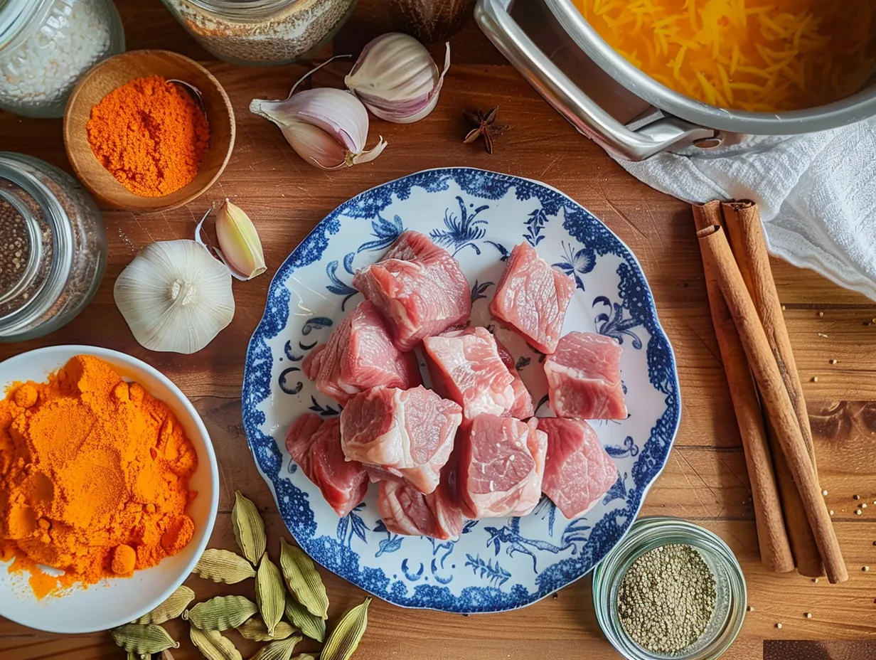 Moroccan Saffron Lamb Meat Pilaf Crave-Worthy & Authentic 3 Raw ingredients for saffron lamb meat pilaf including saffron, lamb, and spices – © moroccaneats