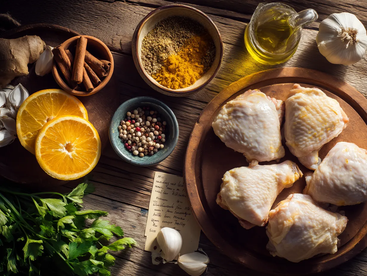 Moroccan Chicken and Orange Tagine Recipe: Irresistibly Bold 4 Flat-lay of raw ingredients for Moroccan chicken and orange tagine including chicken thighs, oranges, spices, garlic, and olive oil on a rustic table.