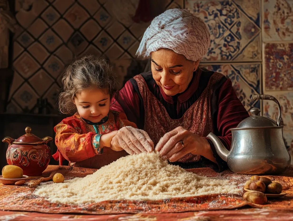 Sweet Couscous with Apples, Raisins & Pure Happiness 6 Moroccan grandmother and child preparing traditional sweet couscous in a cozy kitchen.