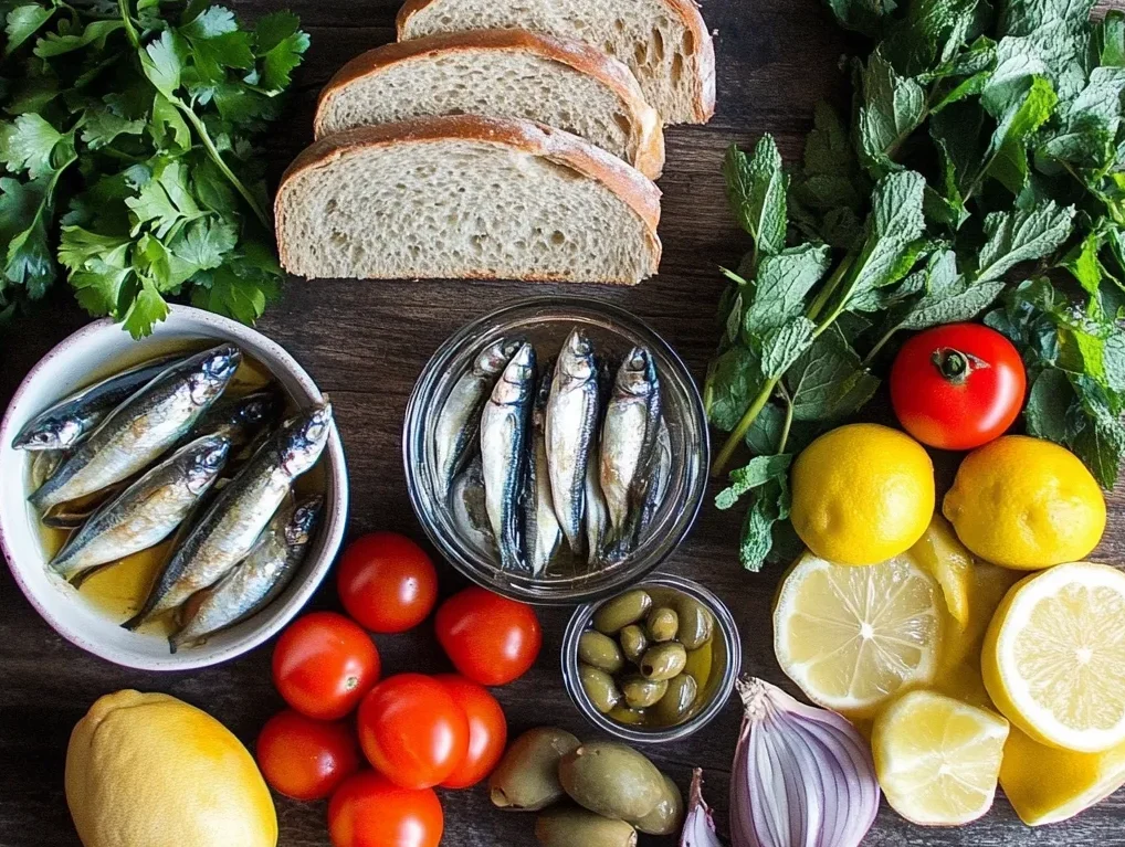 Spicy Moroccan Sardine Sandwich Recipe-Simply Irresistible 3 Traditional Moroccan sardine sandwich ingredients on a wooden table – MoroccanEats