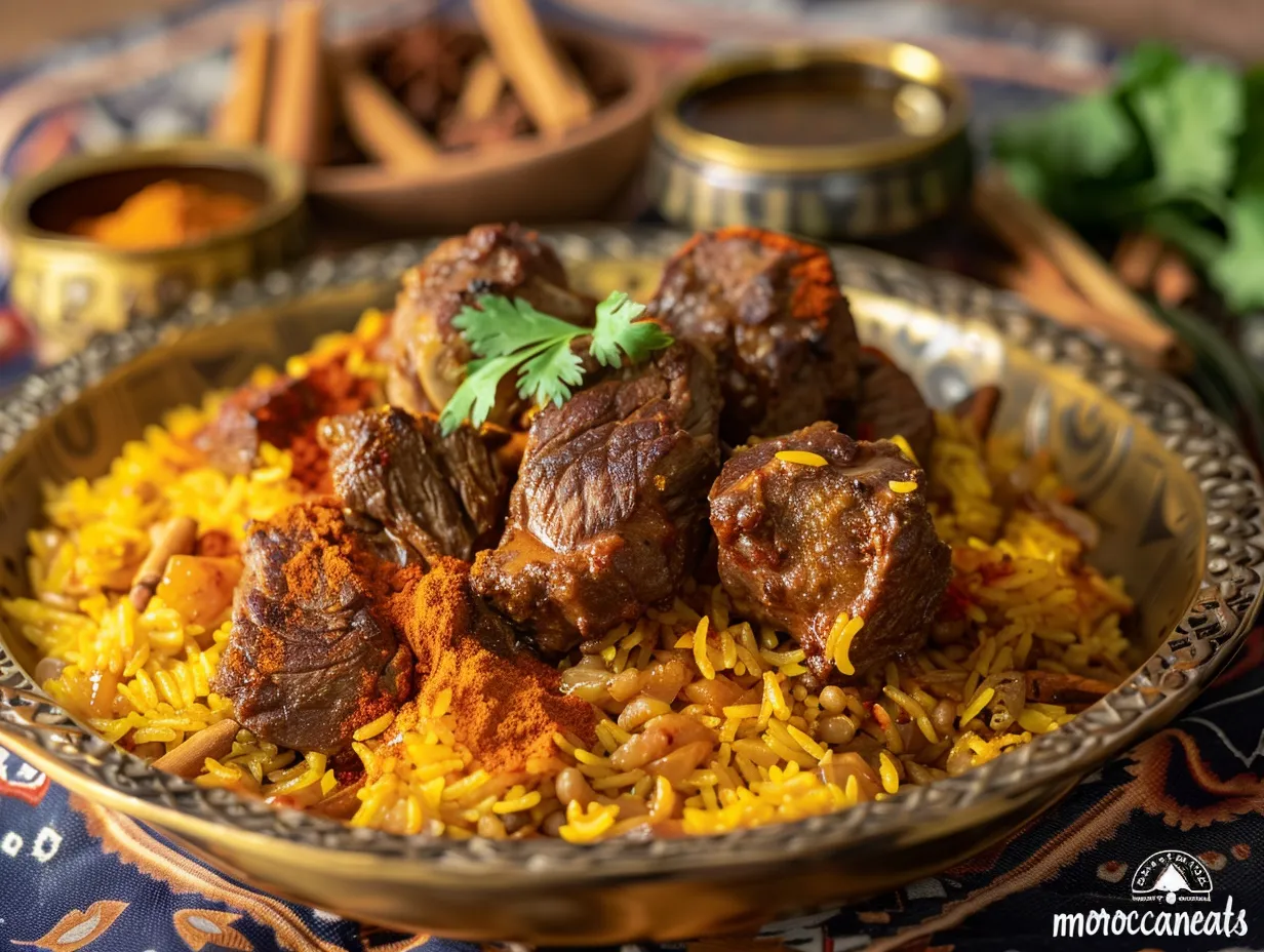 Elegant saffron lamb meat pilaf served in Moroccan platter with side dishes – © moroccaneats
