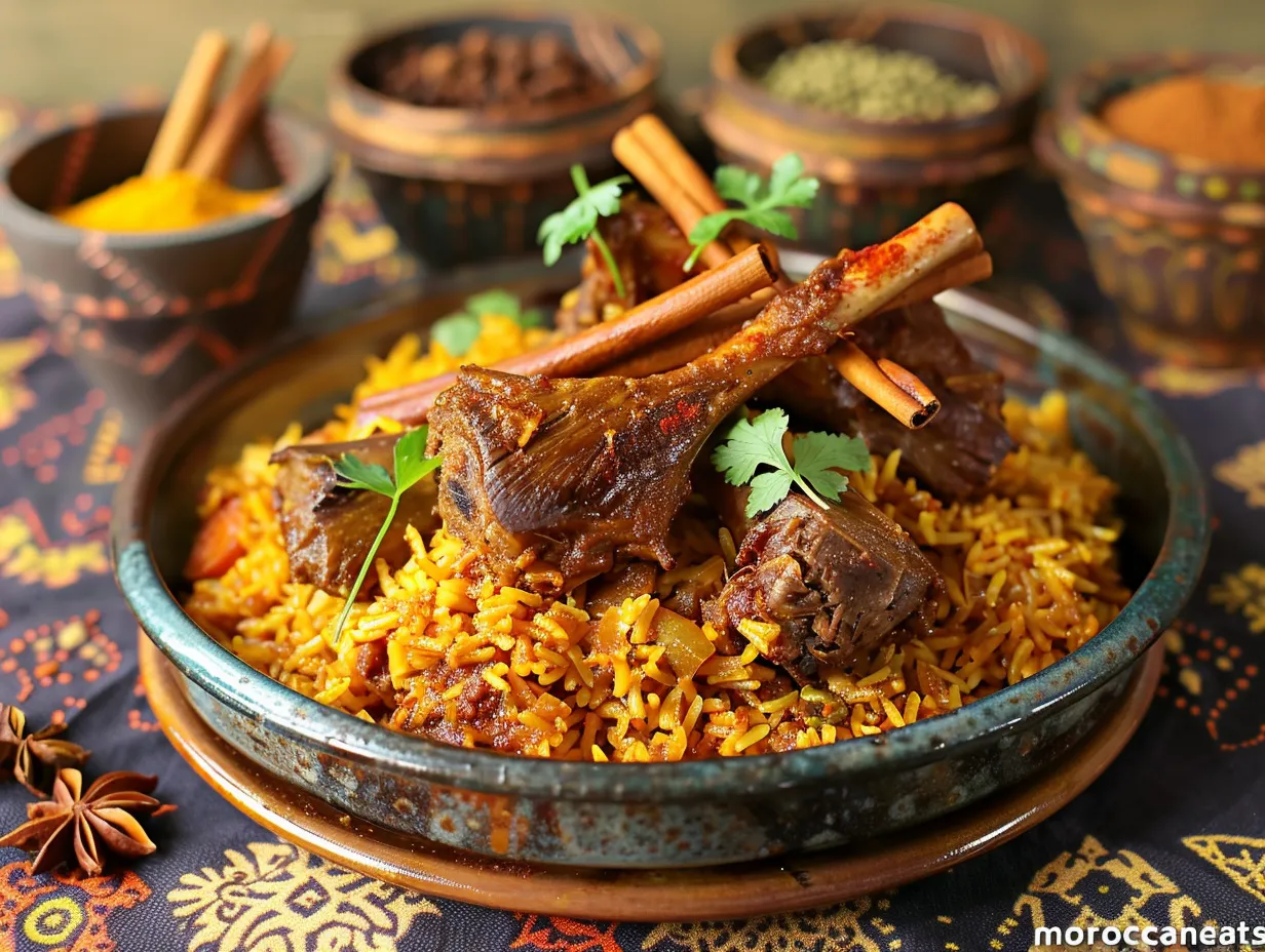 Moroccan Saffron Lamb Meat Pilaf Crave-Worthy & Authentic 2 A hearty saffron lamb meat pilaf garnished with herbs and spices in a rustic dish – © moroccaneats