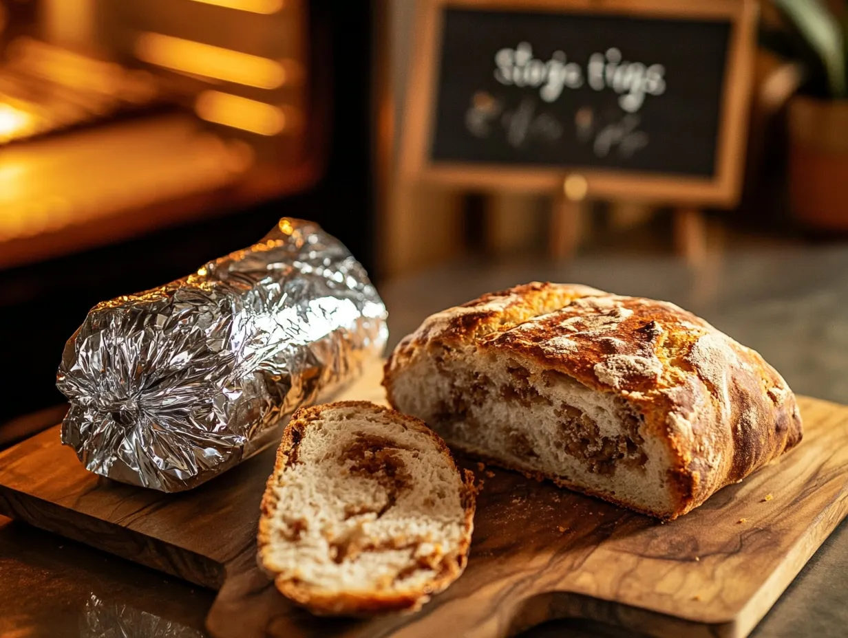 Moroccan Anise-Scented Bread: Irresistibly Delicious 7 Partially sliced Moroccan Anise-Scented Bread (Khobz Mkafer) being stored in foil and cooling on a wooden counter with storage tools nearby.