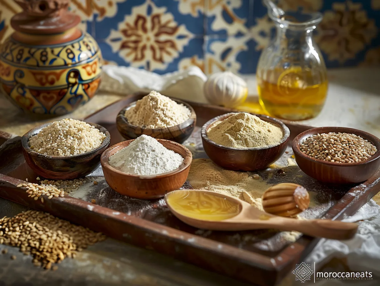 Sellou Delight: Uncover This almonds Joyful Moroccan Treat 3 Traditional Moroccan sellou ingredients in separate bowls, including toasted flour, almonds, sesame seeds, and honey, styled in a rustic kitchen