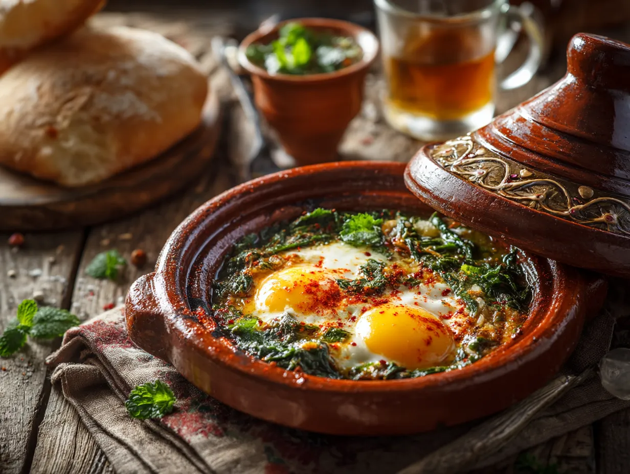 Comfort Food: Moroccan Spinach & Egg Tagine Magic 2 Traditional Moroccan spinach and egg tagine served in a clay pot with bread and mint tea – rustic kitchen setting.
