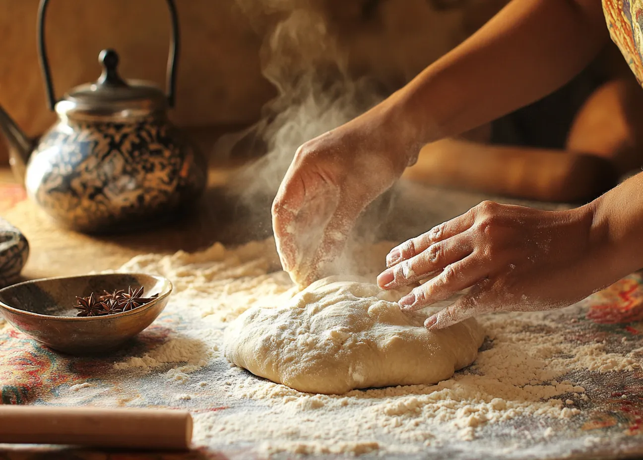 Moroccan Anise-Scented Bread: Irresistibly Delicious 5 Hands shaping Moroccan Anise-Scented Bread (Khobz Mkafer) dough on a floured surface with semolina, anise seeds, and Moroccan tea nearby.