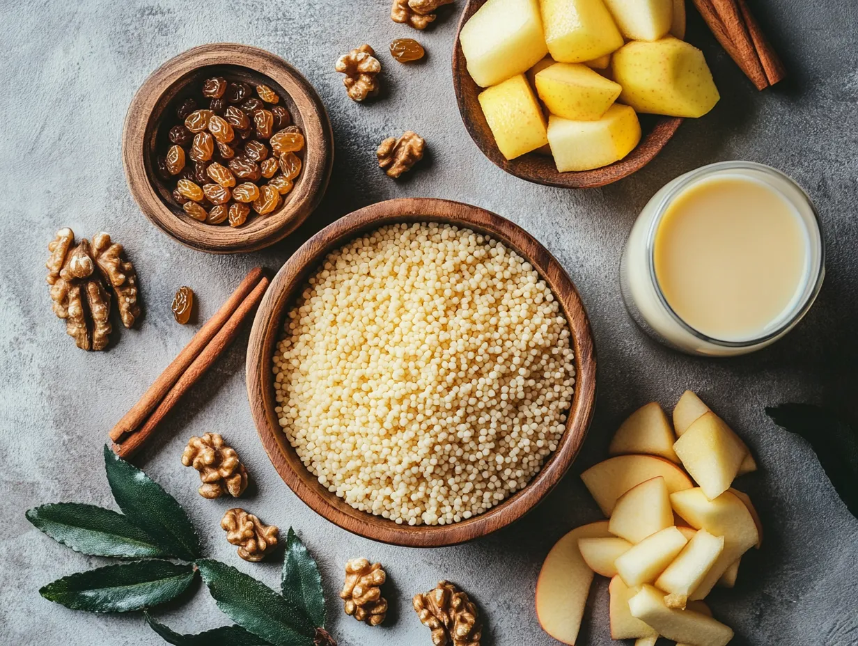 Sweet Couscous with Apples, Raisins & Pure Happiness 3 Flat-lay photo of ingredients for sweet couscous with apples and raisins.