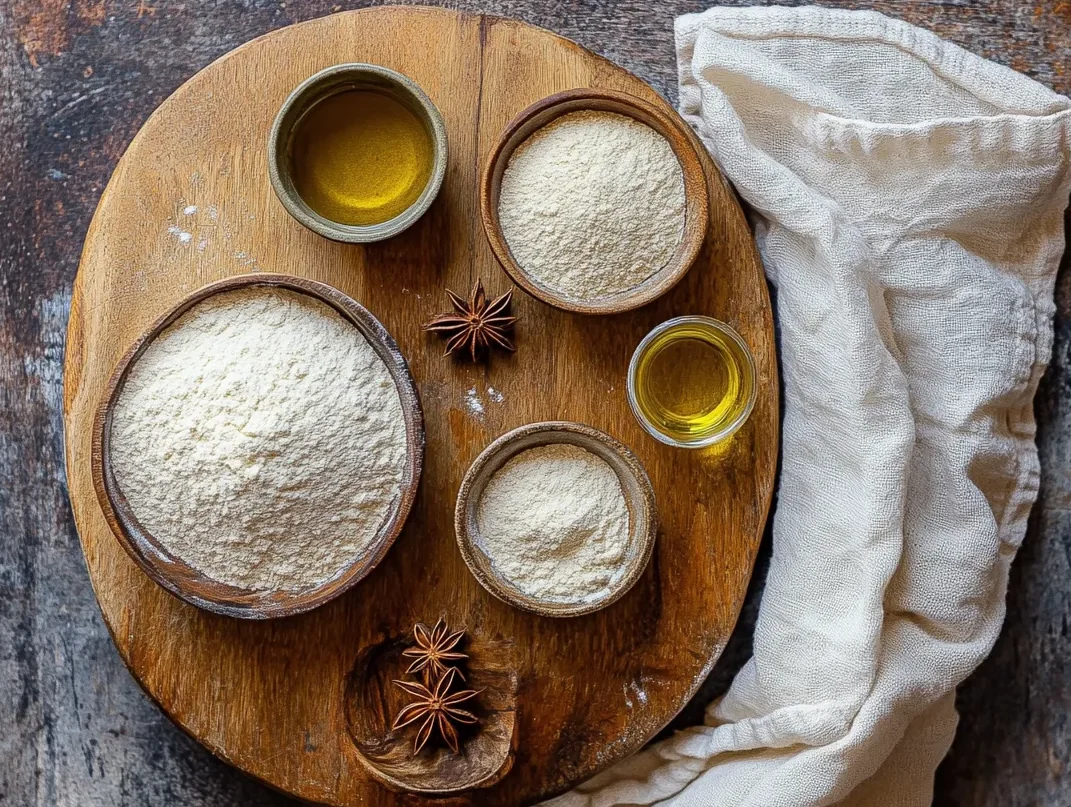 Moroccan Anise-Scented Bread: Irresistibly Delicious 4 Key ingredients for Moroccan Anise-Scented Bread (Khobz Mkafer) displayed on a rustic wooden board, including semolina, flour, and anise seeds, with watermark “moroccaneats.”