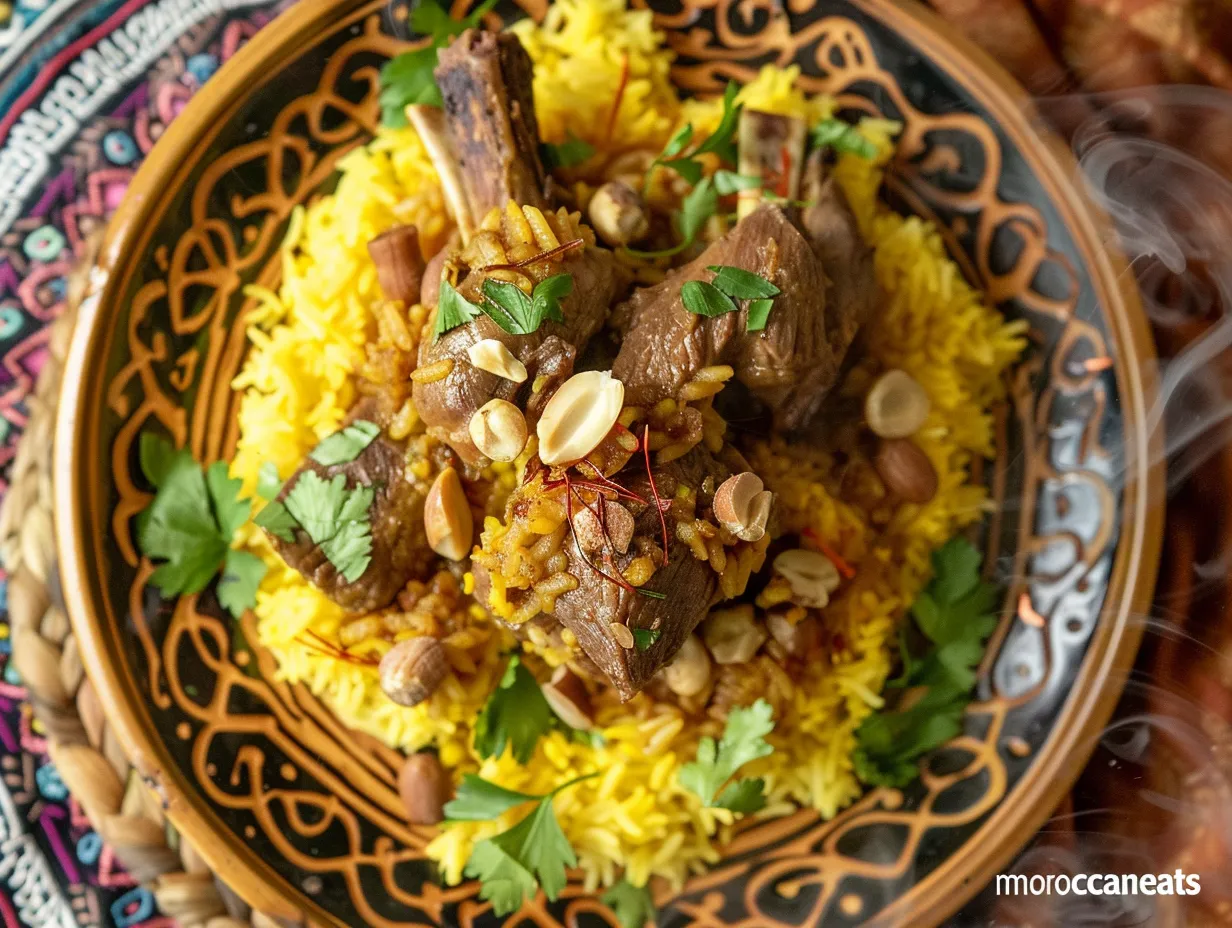 Moroccan Saffron Lamb Meat Pilaf Crave-Worthy & Authentic 5 Fluffy saffron lamb pilaf with tender meat and spices in a Moroccan-style serving dish – © moroccaneats