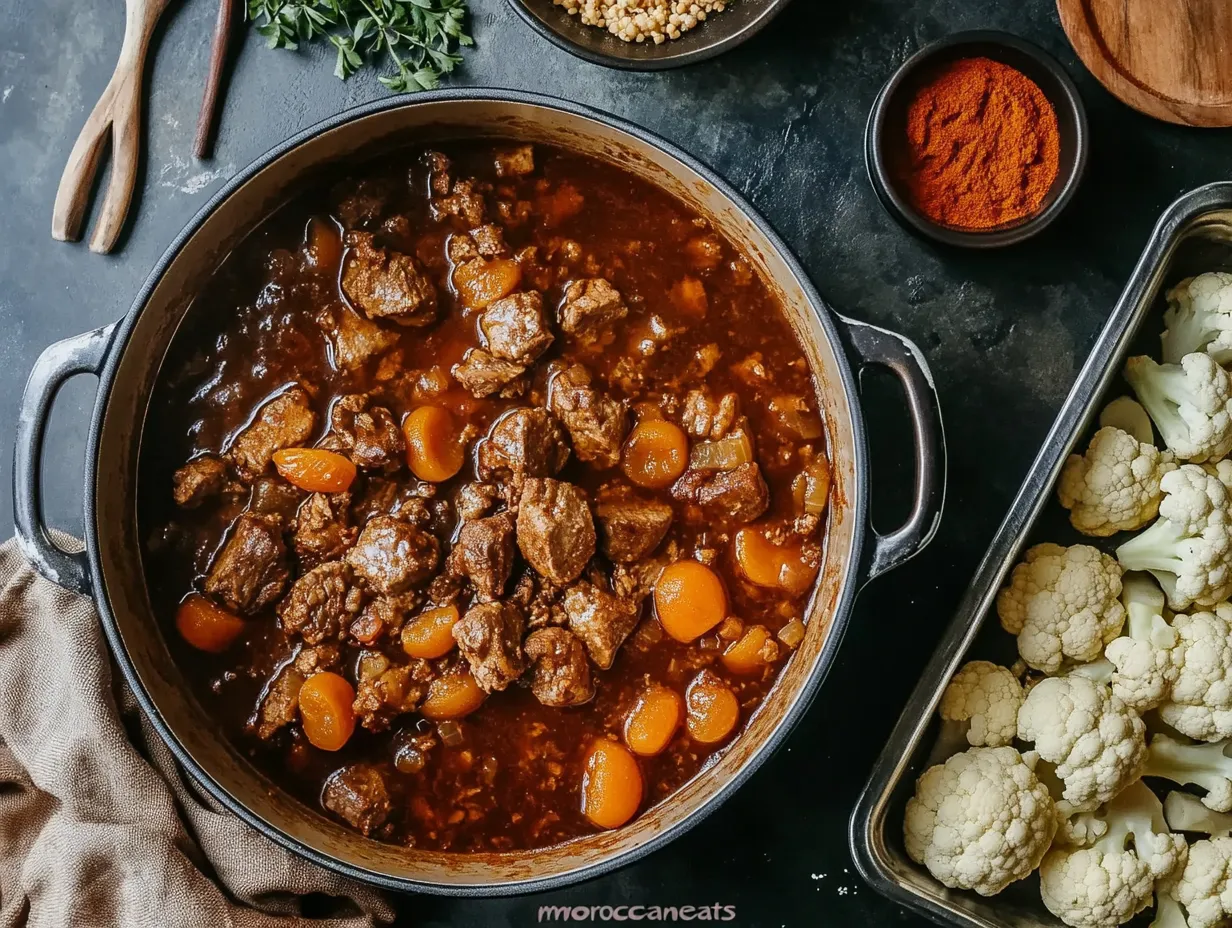 Lamb Tagine with Fried Cauliflower – Shockingly Good 4 Moroccan lamb tagine simmering in a pot beside a tray of golden roasted cauliflower in a cozy kitchen setting.