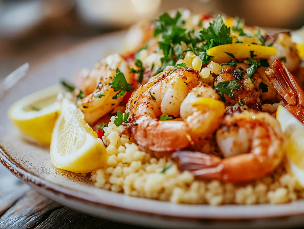 Couscous with Lemon-Garlic Shrimp Recipe: Amazingly Flavorful 2 Plate of couscous topped with lemon-garlic shrimp, garnished with fresh parsley and lemon wedges on a wooden table.couscous with lemon-garlic shrimp recipe
