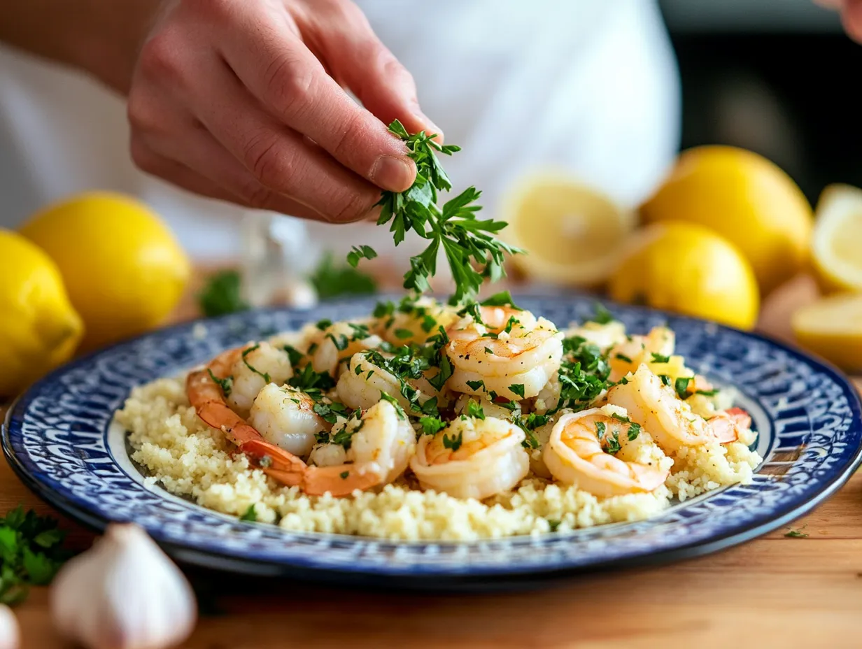 Couscous with Lemon-Garlic Shrimp Recipe: Amazingly Flavorful 5 u1416823846 A vibrant kitchen scene showing a chefs hands spr 414b31f4 1d82 4145 b944 02265a9a7d2d 2 www.moroccaneats.com