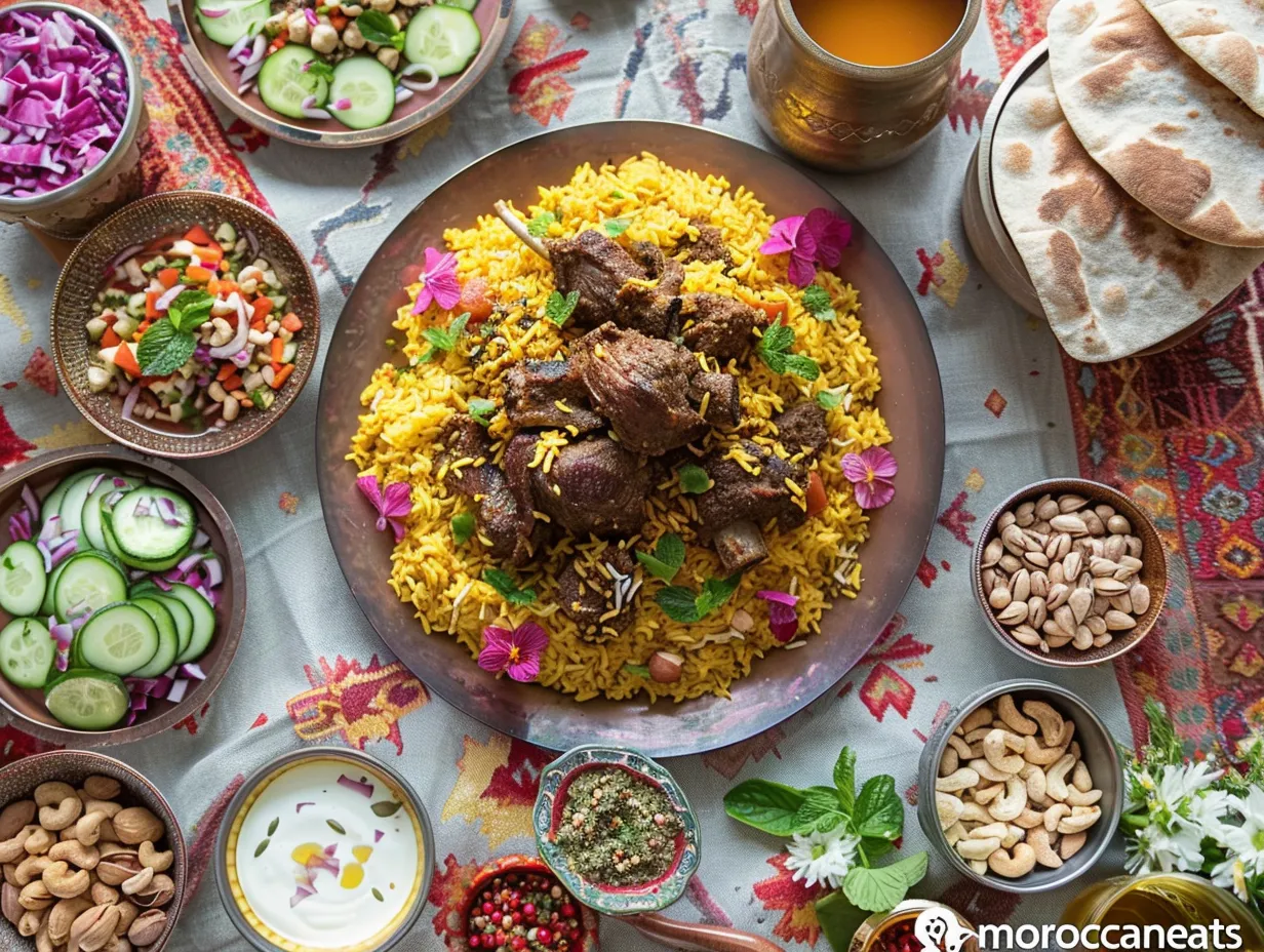 Moroccan Saffron Lamb Meat Pilaf Crave-Worthy & Authentic 6 Moroccan table setting with saffron lamb pilaf and traditional side dishes – © moroccaneats