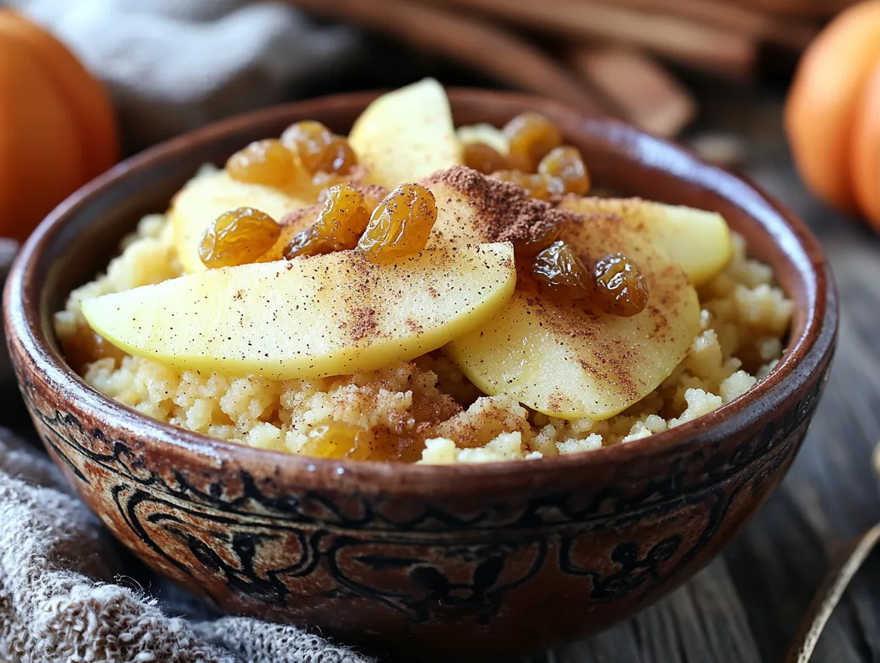 Sweet Couscous with Apples, Raisins & Pure Happiness 2 Sweet couscous with apples, raisins, and cinnamon served in a rustic bowl, perfect for fall.