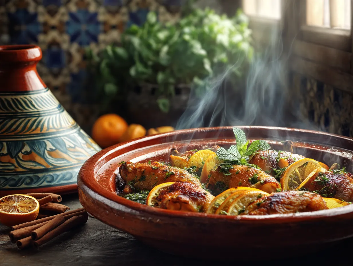 Moroccan Chicken and Orange Tagine Recipe: Irresistibly Bold 2 A traditional Moroccan chicken and orange tagine simmering in a tagine pot with citrus slices and spices in a cozy North African kitchen.