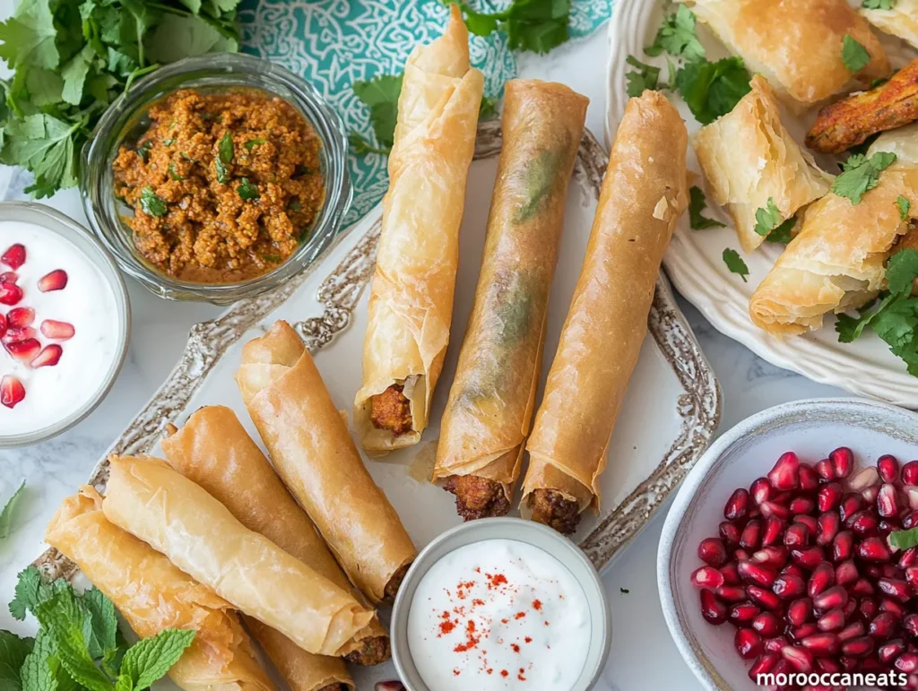 Moroccan Spiced Meat Cigars: Tempting Delight You Can’t Resist 7 Variety of Moroccan Spiced Meat Cigars with different fillings, served with dips and garnishes – moroccaneats