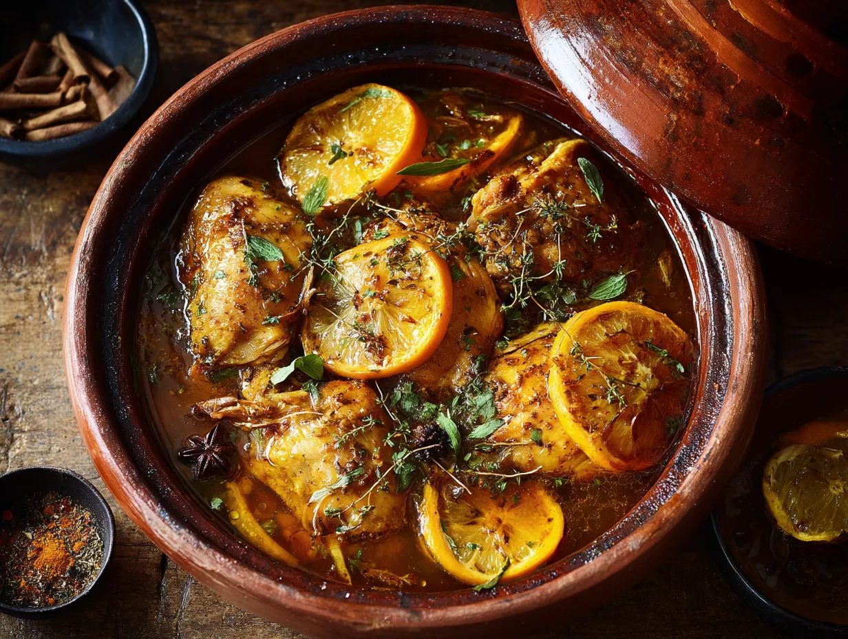 Moroccan Chicken and Orange Tagine Recipe: Irresistibly Bold 5 A Moroccan chicken and orange tagine simmering in a traditional tagine pot with tender chicken, citrus slices, and rich, spiced sauce.