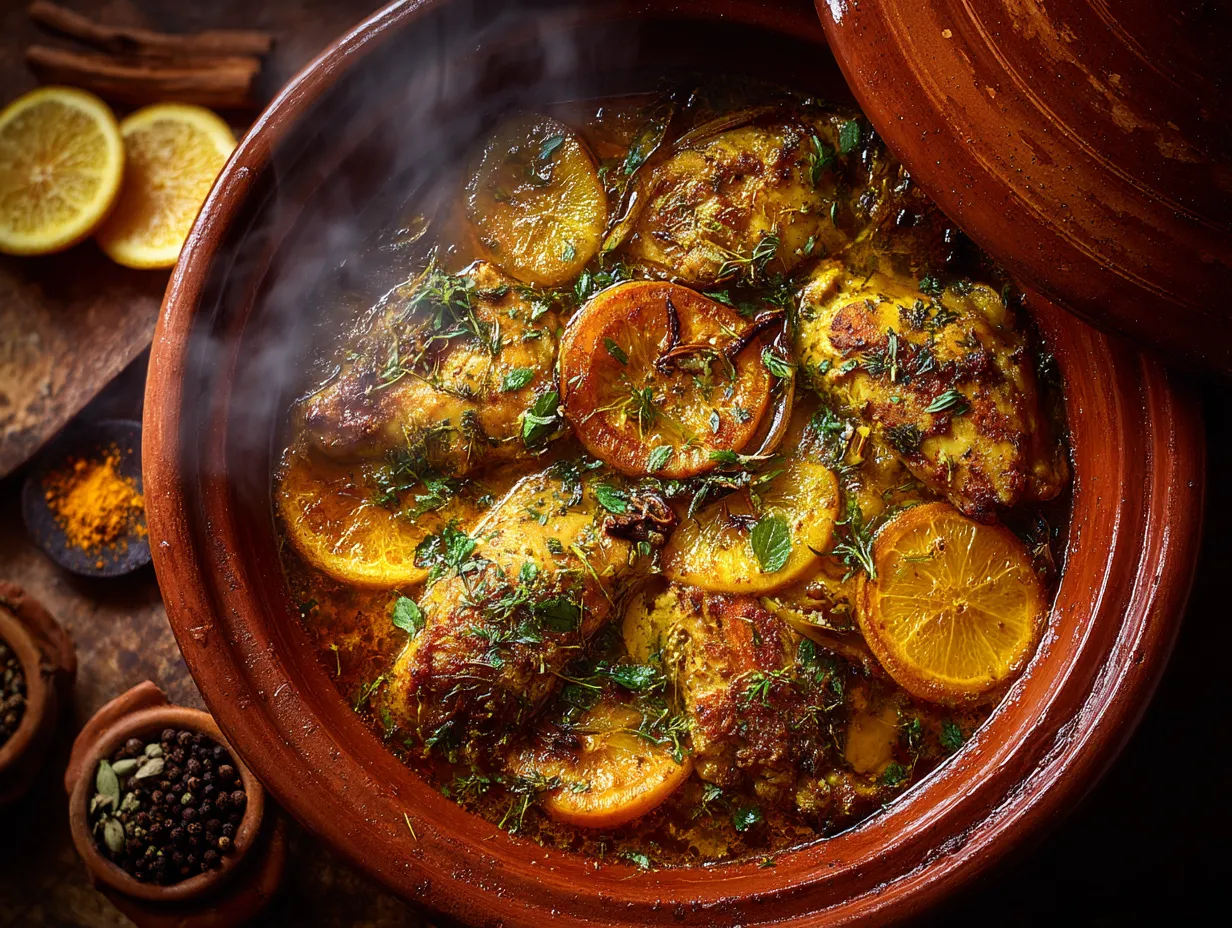 Moroccan Chicken and Orange Tagine Recipe: Irresistibly Bold 7 u1416823846 An overhead view of a simmering Moroccan chicken 5888273a 34be 4baf 9ca9 c4a7c9d3d480 3 www.moroccaneats.com