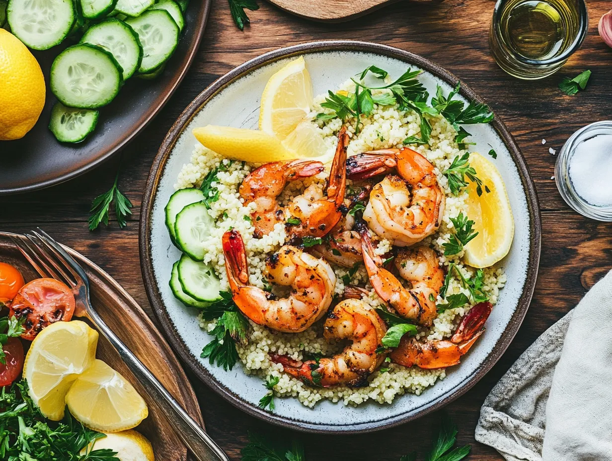 Couscous with Lemon-Garlic Shrimp Recipe: Amazingly Flavorful 6 Lemon-garlic shrimp over couscous with fresh salad and grilled veggies on a rustic dinner table, paired with white wine