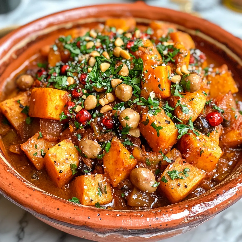 Moroccan Sweet Potato Tagine Recipe, Simply Irresistible 2 A steaming Moroccan Sweet Potato Tagine recipe in a traditional clay pot, garnished with fresh herbs and served with rustic Moroccan tableware. Watermarked with "moroccaneats".
