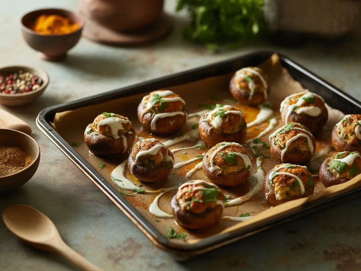 Moroccan Spiced Stuffed Mushrooms Recipe – Irresistible! 4 Freshly baked Moroccan stuffed mushrooms on a tray, topped with herbs and yogurt sauce, surrounded by Moroccan spices on a rustic kitchen surface.