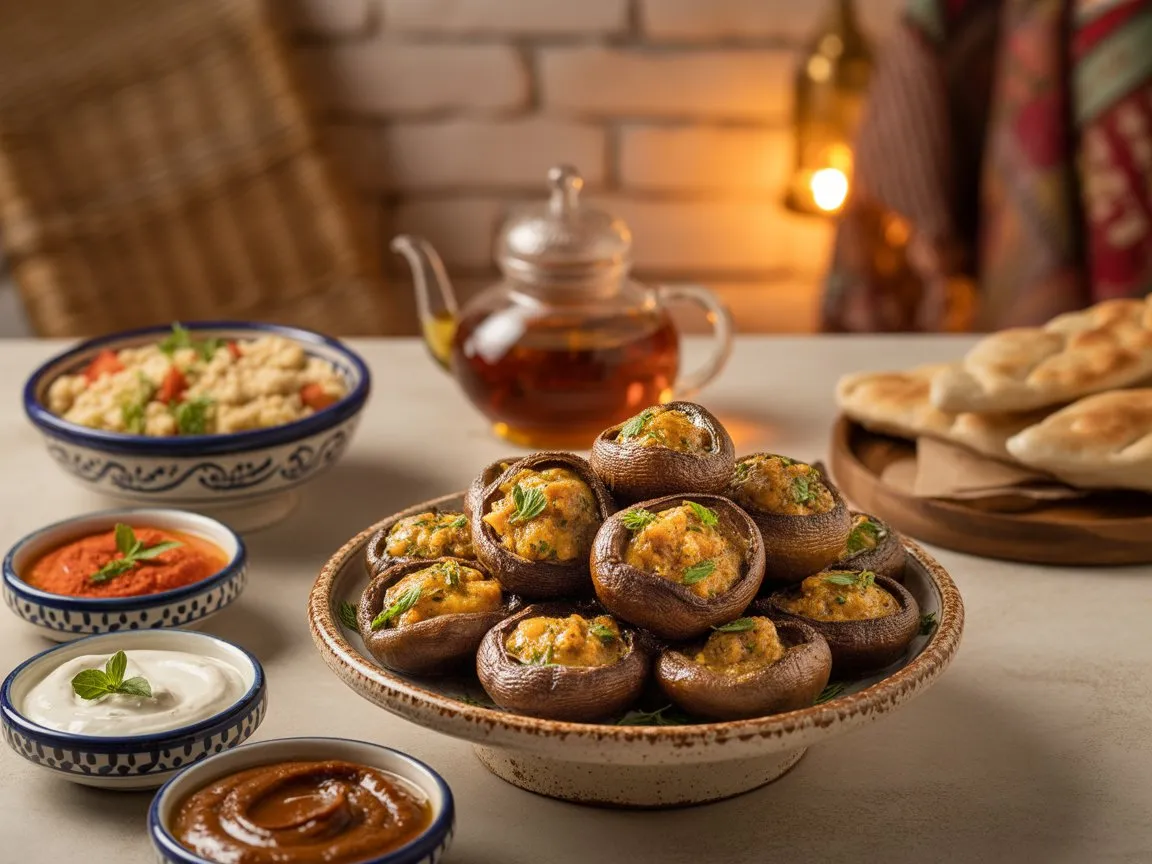 Moroccan Spiced Stuffed Mushrooms Recipe – Irresistible! 5 Elegant mezze spread with Moroccan spiced stuffed mushrooms at the center, surrounded by dips, couscous, and mint tea, set on a rustic Moroccan-inspired table.