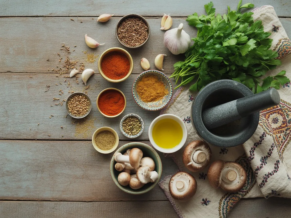 Moroccan Spiced Stuffed Mushrooms Recipe – Irresistible! 3 Flat-lay of Moroccan cooking ingredients including cumin, paprika, coriander, garlic, parsley, olive oil, and mushrooms on a rustic wooden table with ceramic bowls and North African textile.