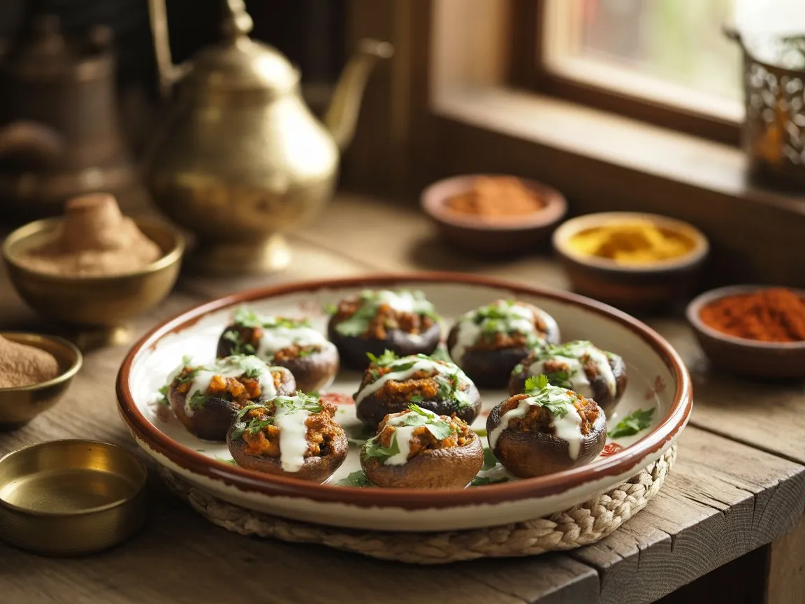 Moroccan Spiced Stuffed Mushrooms Recipe – Irresistible! 2 Close-up of Moroccan stuffed mushrooms Recipe on a ceramic plate, garnished with fresh herbs and surrounded by colorful spices in a cozy Mediterranean kitchen setting.