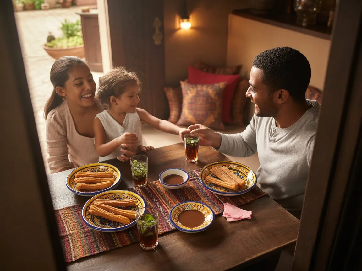 Moroccan Cinnamon Churros That Taste Like Magic 6 A joyful family sharing Moroccan cinnamon churros around a rustic table with mint tea and dipping sauces in a cozy Moroccan-style setting.