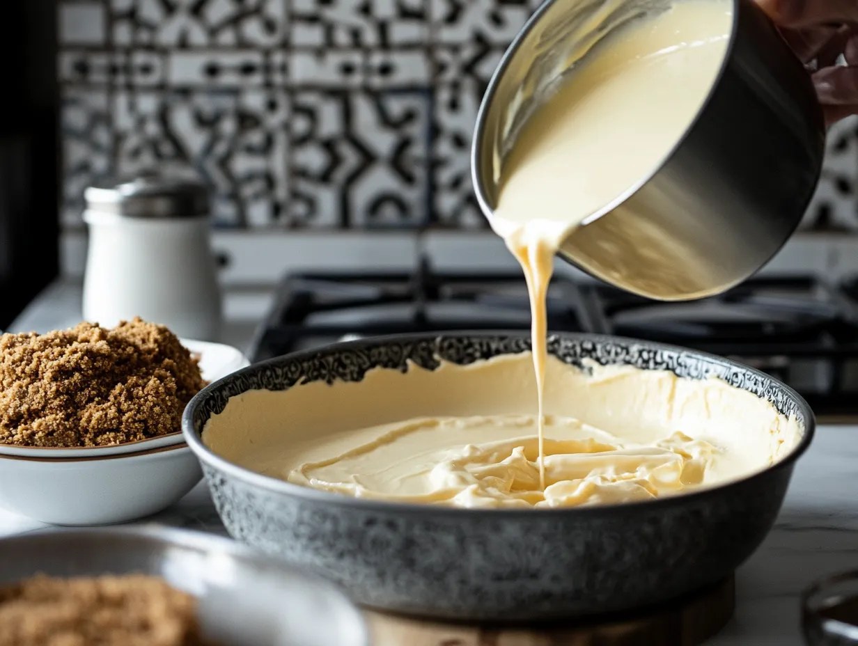 Moroccan Orange Blossom Cheesecake Recipe: So Heavenly 4 Step-by-step preparation of Moroccan orange blossom cheesecake, with crust in a springform pan and floral filling being poured in a Moroccan kitchen setting.