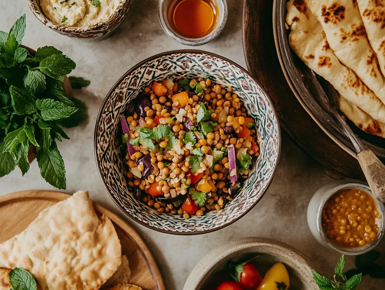 Moroccan Eggplant and Lentil Salad Recipe Delight 5 Moroccan eggplant and lentil salad served with couscous, flatbread, mint tea, and sides on a decorative Moroccan table setting