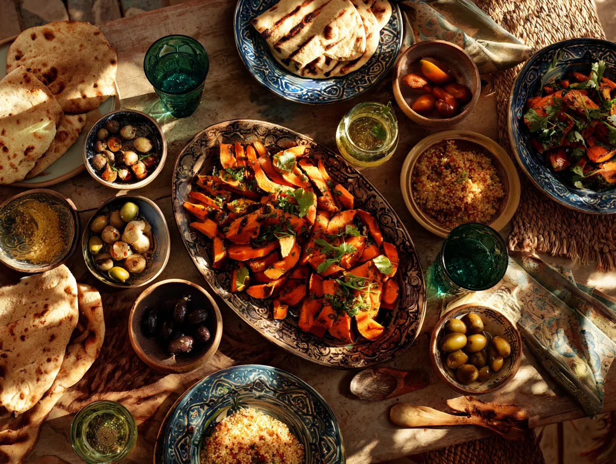 Moroccan Roasted Sweet Potato Salad with Harissa Dressing Irresistible Delight 5 Moroccan roasted sweet potato salad served alongside couscous, flatbread, mint tea, and small mezze dishes on a rustic wooden table.