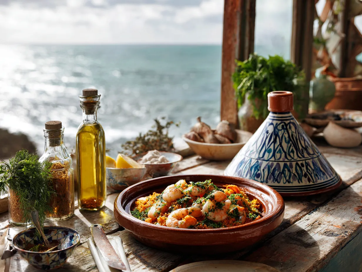 Moroccan Seafood Couscous with Chermoula: A Joyful Feast 2 Traditional Moroccan seafood couscous with chermoula in a tagine, surrounded by fresh herbs and spices in a coastal kitchen setting.