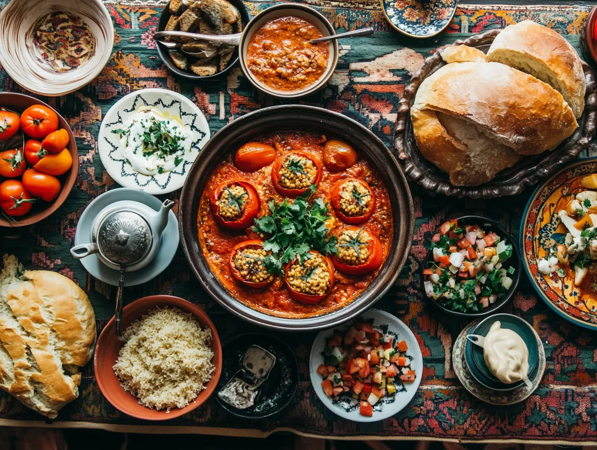 Moroccan Stuffed Tomatoes with Irresistible Couscous 5 Moroccan stuffed tomatoes served with colorful side dishes, mint tea, and traditional Moroccan dinnerware on a vibrant table.
