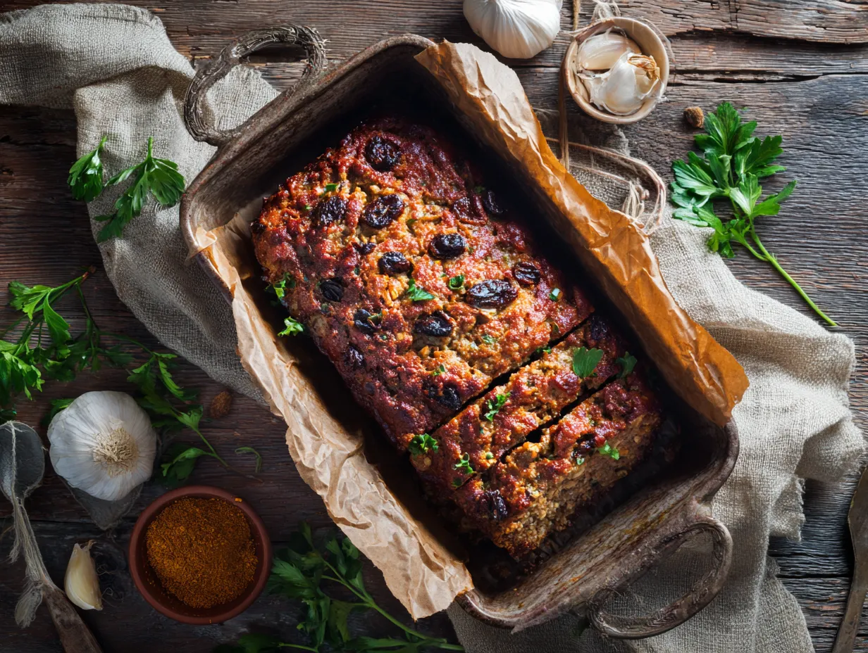 Moroccan Meatloaf with Spices and Raisins – Bold & Comforting 4 Freshly baked Moroccan meatloaf with raisins and spices, sliced and ready to serve, with herbs and seasonings around.