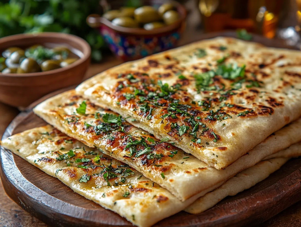 “Authentic Moroccan herb-stuffed flatbread served with olives, harissa, and mint tea on a traditional table with warm lighting and rustic decor.”