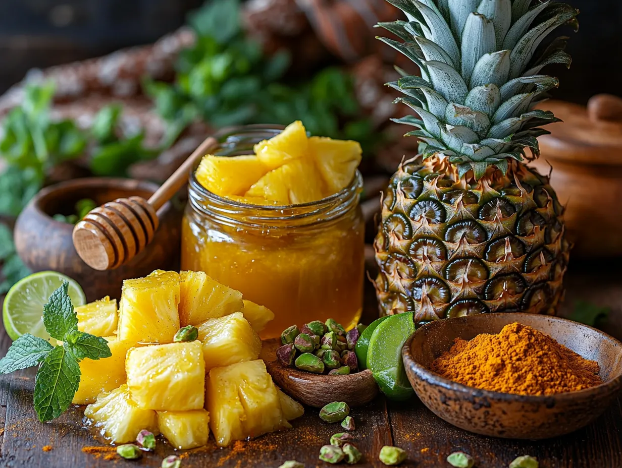 Honey & Ras el Hanout Grilled Pineapple Perfection 3 Flat-lay of fresh pineapple, honey, Ras el Hanout spice blend, lime wedges, pistachios, and mint on a rustic table with Moroccan accents.